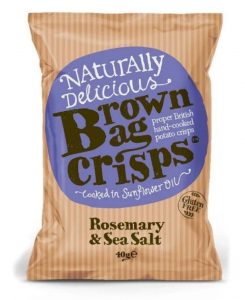 1 x 40g Brown Bag Crisps. Varieties include Rosemary & Sea Salt/Smokey Bacon/Tiger Prawn, Chilli and Lime/ West Country Cheddar & Onion/Sea Salt & Malt Vinegary/Oak Smoked Chilli.